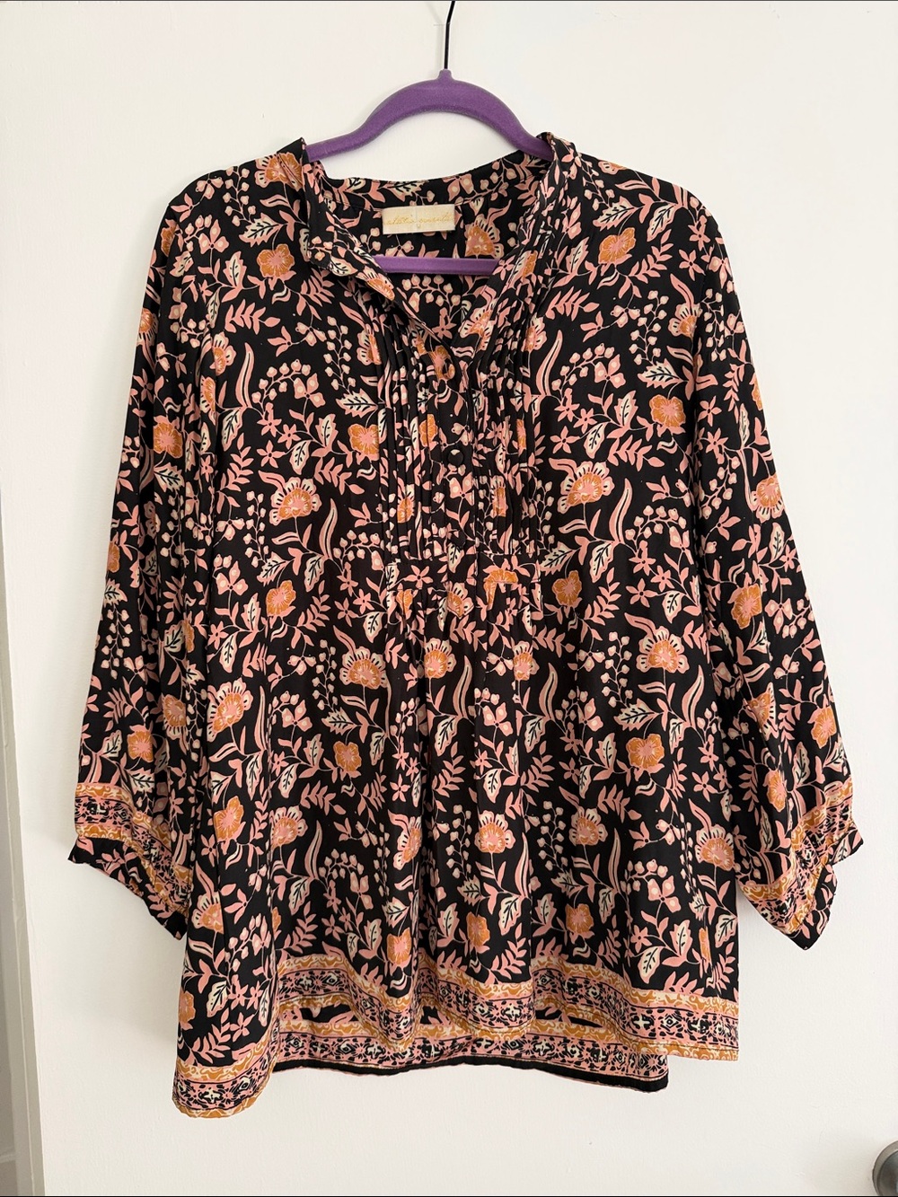 Natalie Martin Black Floral Pintuck Tunic with Pink & Orange Accents